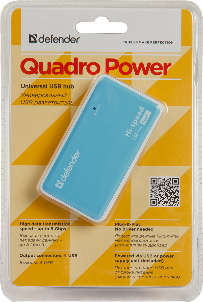 USB-хаб Defender Quadro Power+Adapter 4xUSB 2.0 220V (83503) (6054145)