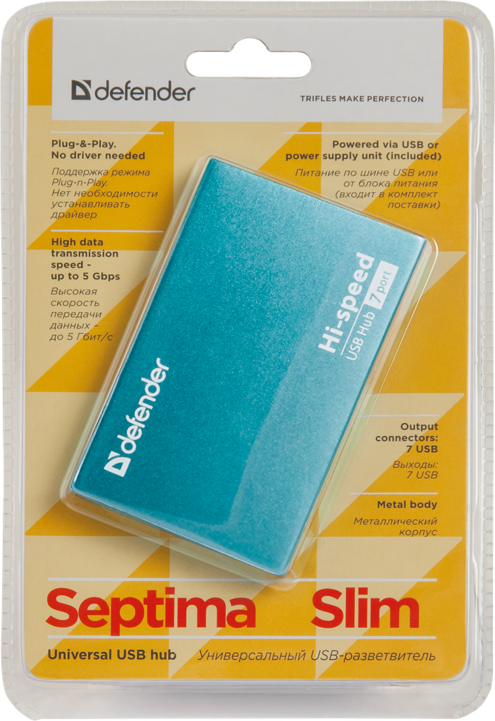 USB-хаб Defender Septima Slim+Adapterб 7xUSB 2.0 220V (83505) (6054147)