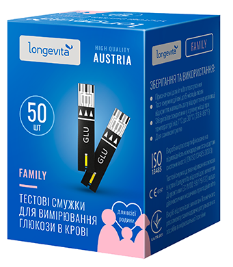 Глюкометр LONGEVITA Family Тестові смужки для вимірювання глюкози в крові (50х1)50шт