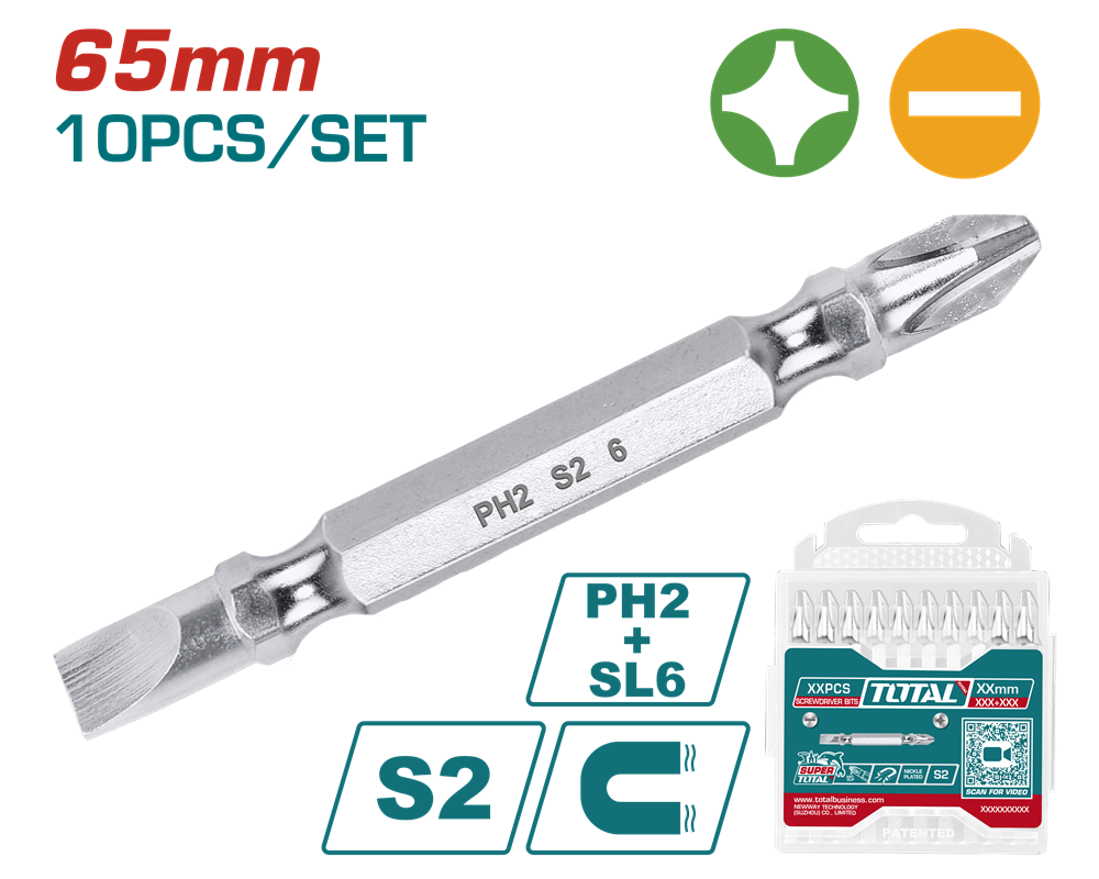 Акс.інстр TOTAL TAC16HL133 Викрутні насадки, PH2+SL6, 65 мм, 10 шт.