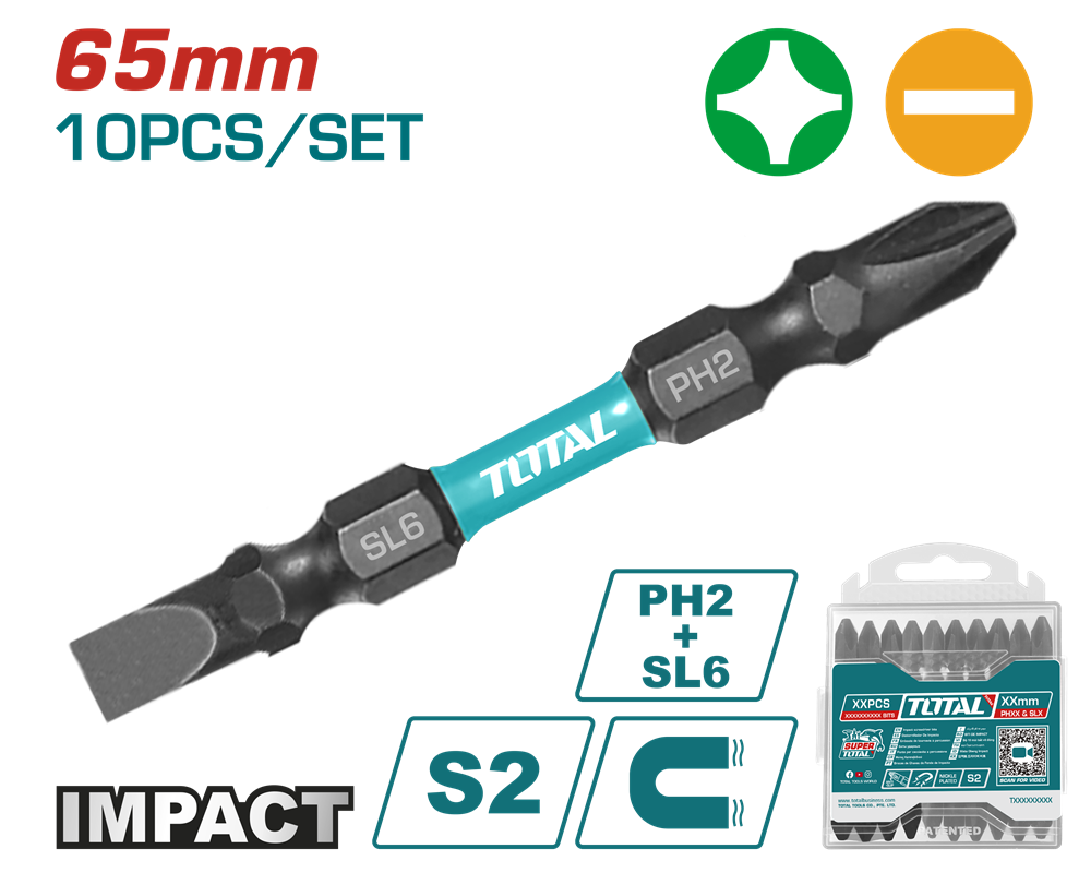Акс.інстр TOTAL TACIM16HL133 Викрутні насадки уд., PH2+SL6, 65мм,10шт.