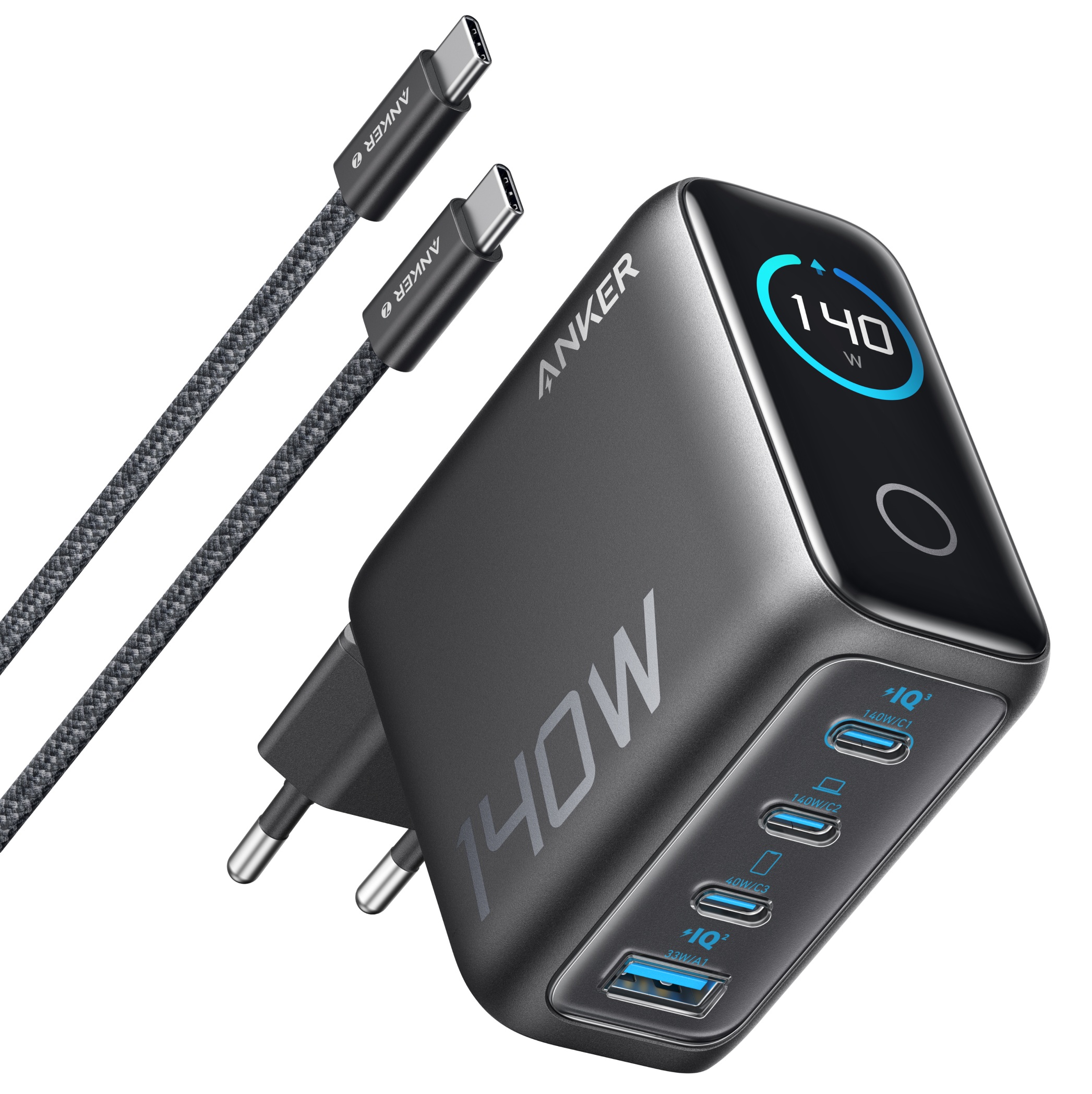 мережева зарядка ANKER Laptop GaN Charger 140W, 3xUSB-C PD3.1 & 1xUSB-A w Display and Cable (Black)