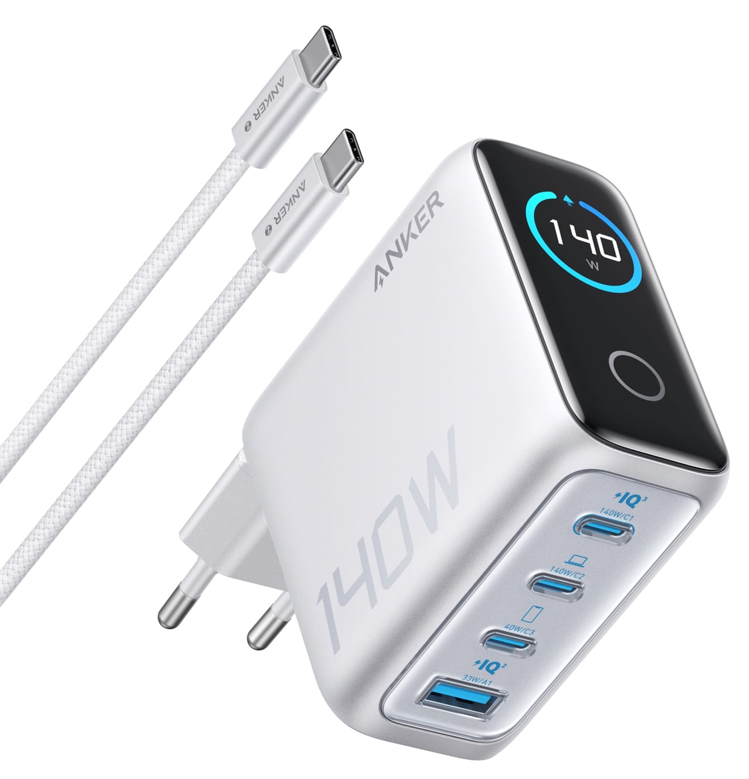 мережева зарядка ANKER Laptop GaN Charger 140W, 3xUSB-C PD3.1 & 1xUSB-A w Display and Cable (Silver)