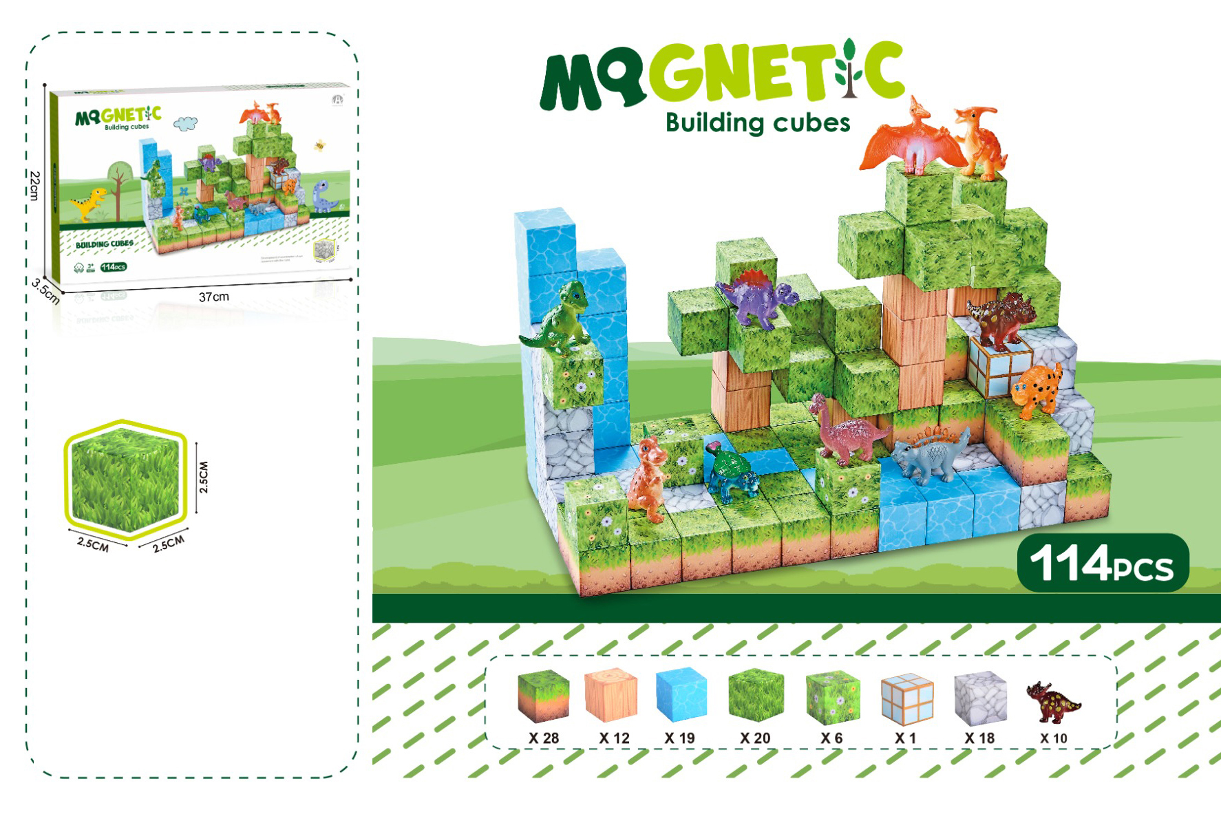 Магнітний конструктор з фігурками динозаврів 2.5 см, 114 ел. Magnetic